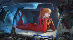 Rule 34 | 1girl, ass, bodysuit, brown eyes, highres, jiayuan song, legs up, looking to the side, lying, neon genesis evangelion, on stomach, orange hair, own hands together, parted lips, plugsuit, shiny clothes, solo, souryuu asuka langley, technology, wide hips, wire