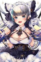 Rule 34 | 1girl, animal ears, apron, aqua hair, azur lane, blue eyes, breasts, cat day, cat ears, cheshire (azur lane), cleavage, detached sleeves, dress, fake animal ears, fang, frilled hairband, frilled ribbon, frills, grey hair, hairband, highres, large breasts, long dress, long hair, long ribbon, looking at viewer, maid, maid headdress, multicolored hair, okibari yasu, open mouth, paw pose, puffy detached sleeves, puffy sleeves, purple apron, ribbon, skin fang, solo, streaked hair, two-tone hair, white dress, wrist cuffs