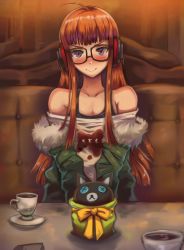 Rule 34 | 1girl, absurdres, ahoge, bare shoulders, black-framed eyewear, black bra, blush, bow, bra, breasts, cafe, character doll, cleavage, closed mouth, coffee, collarbone, cup, female focus, fur-trimmed jacket, fur trim, glasses, green jacket, happy, headphones, highres, indoors, jacket, long hair, long sleeves, looking at viewer, morgana (persona 5), nose blush, off-shoulder jacket, off-shoulder shirt, off shoulder, orange hair, persona, persona 5, purple eyes, sakura futaba, saucer, shiny skin, shirt, sidelocks, sitting, small breasts, smile, solo, straight-on, table, teacup, toasty scones, underwear, upper body, v-shaped eyebrows, v arms, white shirt, yellow bow