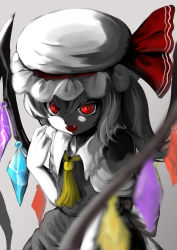 Rule 34 | 1girl, absurdres, ascot, blurry, bow, cowboy shot, crossed bangs, crystal, depth of field, fangs, flandre scarlet, frilled shirt collar, frills, gradient background, grey background, hair between eyes, hand up, hat, hat bow, highres, looking at viewer, mob cap, monochrome, one side up, open mouth, red bow, red eyes, shirokuro (monochrome0226), short hair, simple background, slit pupils, solo, spot color, touhou, white hat, wings, yellow ascot