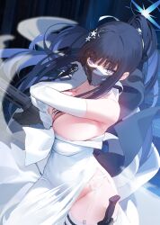 Rule 34 | 1girl, black hair, blue archive, blue eyes, blue halo, breasts, cleavage, cowboy shot, dress, elbow gloves, gloves, gun, hair ornament, halo, highres, large breasts, long hair, official alternate costume, saori (blue archive), saori (dress) (blue archive), solo, weapon, white dress, white gloves, xiujia yihuizi