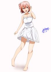 Rule 34 | 1girl, :d, bare arms, bare shoulders, barefoot, blue ribbon, breasts, brown eyes, brown hair, cleavage, collarbone, commentary request, dated, dress, frilled dress, frills, hair between eyes, hair bun, hand up, looking at viewer, open mouth, pink background, ribbon, sakayaya, side bun, signature, single hair bun, single side bun, sleeveless, sleeveless dress, small breasts, smile, solo, standing, standing on one leg, white dress, yahari ore no seishun lovecome wa machigatteiru., yuigahama yui
