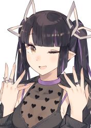 Rule 34 | 1girl, black hair, black jacket, black shirt, blouse, blunt bangs, blush, breasts, cleavage, commentary request, demon girl, demon horns, glint, hanarito, heart, heart print, horns, jacket, jewelry, kojo anna, kojo anna (1st costume), long hair, long sleeves, looking at viewer, medium breasts, multicolored hair, nanashi inc., off shoulder, one eye closed, open mouth, pointy ears, print shirt, purple hair, ring, see-through, see-through cleavage, see-through shirt, shirt, simple background, sleeveless, sleeveless shirt, smile, solo, sugar lyric, twintails, two-tone hair, upper body, virtual youtuber, white background, yellow eyes