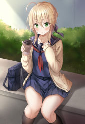 Rule 34 | 1girl, ahoge, artoria pendragon (all), artoria pendragon (fate), bad id, bad pixiv id, beige cardigan, blonde hair, blue shirt, blue skirt, blush, cardigan, closed mouth, coffee cup, collarbone, cup, day, disposable cup, fate/stay night, fate (series), green eyes, hair ribbon, harimoji, holding, holding cup, kneehighs, long hair, long sleeves, looking at viewer, outdoors, pleated skirt, ribbon, saber (fate), school uniform, serafuku, shirt, sidelocks, sitting, skirt, socks, solo, thighs