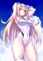 Rule 34 | 1girl, absurdres, arms up, bad id, bad twitter id, blonde hair, breasts, gem, hakusai (hksicabb), headpiece, highres, large breasts, long hair, mythra (radiant beach) (xenoblade), mythra (xenoblade), one-piece swimsuit, ribbed swimsuit, solo, strapless, strapless one-piece swimsuit, striped clothes, striped one-piece swimsuit, swept bangs, swimsuit, tiara, two-tone swimsuit, vertical-striped clothes, vertical-striped one-piece swimsuit, very long hair, white one-piece swimsuit, xenoblade chronicles (series), xenoblade chronicles 2, yellow eyes
