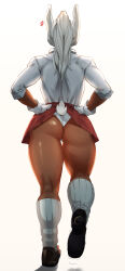 Rule 34 | 1girl, 2023, anger vein, animal ears, ass, boku no hero academia, brown footwear, castell, clothing cutout, dark-skinned female, dark skin, facing away, from behind, full body, gloves, hands on own hips, highres, kneepits, long hair, loose socks, mirko, panties, pleated skirt, ponytail, rabbit ears, rabbit girl, rabbit tail, red skirt, shirt, shirt tucked in, skirt, sleeves rolled up, socks, solo, tail, tail through clothes, thick thighs, thigh gap, thighs, underwear, walking, walking away, wedgie, white background, white gloves, white hair, white panties, white shirt