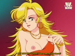 Rule 34 | 1girl, artist name, bare shoulders, blonde hair, bluethebone, bracelet, breasts, cleavage, dress, earrings, english text, eyes visible through hair, fake screenshot, gradient background, hand up, hoop earrings, jewelry, long hair, looking at viewer, medium breasts, nail polish, necklace, nipples, panty &amp; stocking with garterbelt, panty (psg), parted lips, profanity, red dress, red nails, retro artstyle, solo, strap slip, subtitled