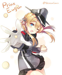 Rule 34 | 10s, 1girl, black jacket, black skirt, blonde hair, blue eyes, character name, gloves, hair between eyes, hat, huyukaaki, jacket, kantai collection, long hair, long sleeves, low twintails, military, military uniform, miniskirt, one eye closed, open mouth, peaked cap, pleated skirt, prinz eugen (kancolle), skirt, smile, solo, twintails, twitter username, uniform, white gloves