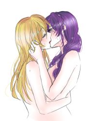 Rule 34 | 2girls, absurdres, airen, ayase eli, blonde hair, blush, breasts, closed eyes, green eyes, highres, kiss, long hair, love live!, love live! school idol project, multiple girls, nude, purple hair, simple background, sketch, sweat, tojo nozomi, wet, white background, yuri