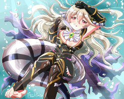Rule 34 | 1girl, amahime kaichou, armor, ascot, bad feet, barefoot, black armor, blonde hair, breasts, brooch, bubble, cape, cleavage, corrin (female) (fire emblem), corrin (female) (nohr noble) (fire emblem), corrin (fire emblem), dragon tail, fire emblem, fire emblem fates, gauntlets, greaves, highres, jewelry, large breasts, looking at viewer, nintendo, official alternate costume, solo, tail, toeless legwear, torn cape, torn clothes, underwater