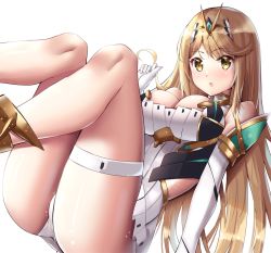 Rule 34 | 1girl, bare shoulders, blonde hair, blush, breasts, cleavage, dress, elbow gloves, eol 9, gloves, headpiece, highres, large breasts, long hair, looking at viewer, mythra (xenoblade), nintendo, panties, solo, swept bangs, thigh strap, thighs, tiara, underwear, xenoblade chronicles (series), xenoblade chronicles 2, yellow eyes