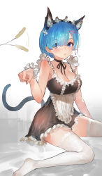 Rule 34 | 1girl, adapted costume, afterimage, animal ears, apron, black dress, blue eyes, blue hair, blush, breasts, cat ears, cat tail, cattail, choker, cleavage, daible, dress, frills, hair ornament, hair over one eye, hair ribbon, hairband, highres, large breasts, looking at viewer, maid, parted lips, paw pose, pink ribbon, plant, re:zero kara hajimeru isekai seikatsu, rem (re:zero), ribbon, short dress, short hair, sitting, sketch, sleeveless, sleeveless dress, solo, tail, thighhighs, waist apron, wariza, white apron, white background, white thighhighs, wrist cuffs, x hair ornament