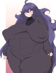 Rule 34 | 1girl, @ @, ahoge, blush, breasts, covered erect nipples, creatures (company), dress, fat, game freak, hairband, hex maniac (pokemon), highres, huge breasts, isaive69, long hair, messy hair, nintendo, npc trainer, obese, pokemon, pokemon xy, purple dress, purple eyes, purple hair, sagging breasts, solo, standing, very long hair