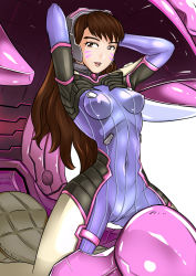 Rule 34 | 1girl, arms up, breasts, brown hair, cameltoe, cockpit, covered erect nipples, covered navel, d.va (overwatch), headphones, kabutoro, mecha, overwatch, overwatch 1, robot, solo