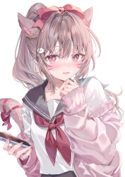 Rule 34 | 1girl, animal ear fluff, bow, brown hair, cardigan, cellphone, collared shirt, fang, final fantasy, final fantasy xiv, grey sailor collar, hair between eyes, hair bow, hair ornament, highres, holding, holding phone, long hair, long sleeves, looking at viewer, momoko (momopoco), neckerchief, open clothes, parted lips, phone, pink cardigan, pink hair, pink nails, ponytail, red bow, red neckerchief, sailor collar, shirt, sidelocks, simple background, smartphone, smile, upper body, warrior of light (ff14), white background, white shirt