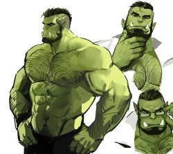 Rule 34 | 1boy, abs, arm hair, bara, beard, black-framed eyewear, chest hair, collage, colored skin, dopey (dopq), facial hair, forked eyebrows, from side, glasses, green skin, hairy, hand on own chin, highres, large pectorals, male focus, mature male, monster boy, multiple views, muscular, muscular male, mustache, navel, navel hair, nipples, orc, original, out-of-frame censoring, pectoral cleavage, pectorals, pointy ears, revision, short hair, stomach, stroking beard, thick eyebrows, topless male, tusks, undercut, unfinished, white background, wrinkled skin