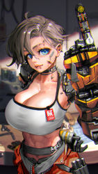 Rule 34 | 1girl, abs, ahoge, blue eyes, breasts, brown hair, choker, chromatic aberration, cleavage, clothes around waist, commentary request, cyberpunk, dirty, dirty face, ear piercing, eyebrow piercing, eyelashes, highres, hiragana oufu, holster, huge breasts, index finger raised, lip piercing, lips, looking at viewer, mechanic, mechanical arms, midriff, name tag, nose, original, oversized limbs, piercing, prosthesis, short hair, smiley face, solo, sports bra, wrench