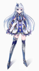 Rule 34 | 1girl, armor, armored dress, bad id, bad pixiv id, blue eyes, blue gemstone, boots, braid, capelet, commentary request, detached sleeves, dress, full body, gauntlets, gem, hair ornament, high heels, highres, hisahisahisahisa, jewelry, karma (phantom of the kill), long hair, original, phantom of the kill, simple background, solo, thigh boots, thigh strap, thighhighs, twin braids, very long hair, weapon, white background, white hair, zettai ryouiki
