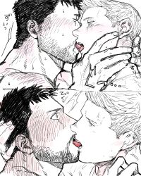 Rule 34 | 2boys, absurdres, bara, chris redfield, closed eyes, couple, facial hair, french kiss, highres, kiss, kuconoms, looking at another, male focus, multiple boys, muscular, muscular male, partially colored, piers nivans, resident evil, resident evil 6, short hair, tongue, tongue out, translation request, yaoi