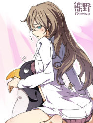 Rule 34 | 10s, 1girl, blue eyes, brown hair, character name, failure penguin, from behind, hair down, highres, kantai collection, kumano (kancolle), long hair, looking back, open clothes, open shirt, personification, shirt, sitting, solo, stuffed animal, stuffed penguin, stuffed toy, super zombie, twitter username