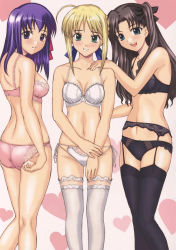 Rule 34 | 00s, 3girls, adjusting clothes, adjusting panties, ahoge, aqua eyes, artoria pendragon (all), artoria pendragon (fate), ass, black bra, black hair, black panties, black ribbon, black thighhighs, blonde hair, blue ribbon, blush, bow, bow bra, bow panties, bra, breasts, brown hair, collarbone, crotch seam, embarrassed, fate/stay night, fate (series), garter belt, hair ribbon, hand on another&#039;s shoulder, heart, heart background, highres, kneepits, lace, lace-trimmed legwear, lace trim, lingerie, long hair, long legs, looking at viewer, matching hair/eyes, matou sakura, medium breasts, medium hair, multiple girls, navel, open mouth, panties, parted lips, pink bra, pink panties, purple eyes, purple hair, red ribbon, ribbon, saber (fate), short hair, side-tie panties, small breasts, teeth, thighhighs, tohsaka rin, underwear, underwear only, upper teeth only, white bra, white panties, white thighhighs, yamasaki atsushi