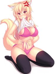 Rule 34 | 1girl, anger vein, animal ear fluff, animal ears, black thighhighs, blonde hair, blush, bra, breasts, cat ears, cat tail, cleavage, clothes in mouth, clothes lift, commentary, english commentary, highres, kneeling, large breasts, lifting own clothes, long hair, mouth hold, no pants, nottytiffy, original, panties, pink bra, pink panties, red eyes, shirt in mouth, shirt lift, side-tie panties, sitting, slit pupils, solo, tail, thighhighs, tiffy (nottytiffy), underwear, untied panties, white background