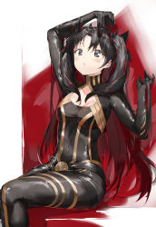Rule 34 | 1girl, arms up, belt, black belt, black bodysuit, black hair, blush, bodysuit, breasts, chestnut mouth, cleavage cutout, clothing cutout, colored inner hair, commentary request, covered navel, crossed legs, fate/grand order, fate (series), grey eyes, highres, horns, ishtar (fate), long hair, looking at viewer, multicolored hair, pixel (yuxian), sitting, small breasts, solo, space ishtar (fate), space ishtar (first ascension) (fate), two-tone hair, two side up, very long hair