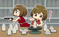 Rule 34 | 2girls, bare shoulders, bottle, brown eyes, brown hair, chibi, clay, commentary, crop top, cup, dual persona, meiko (vocaloid), meiko (vocaloid3), midriff peek, multiple girls, nokuhashi, open mouth, potters wheel, pottery, red shirt, red skirt, sake bottle, shelf, shirt, short hair, skirt, sweatdrop, table, translated, tray, vocaloid, wooden table, wristband