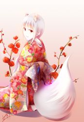 Rule 34 | 1girl, alternate costume, animal ear fluff, animal ears, floral print, flower, fudo shin, gradient background, grin, highres, japanese clothes, kimono, kneeling, long hair, looking at viewer, looking back, myuri (spice and wolf), pink background, print kimono, red eyes, red flower, signature, silver hair, sitting, smile, solo, spice and wolf, tail, very long hair, white background, wolf ears, wolf tail