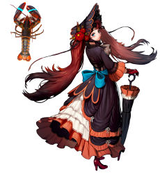 Rule 34 | 1girl, absurdres, black dress, blue eyes, blue ribbon, brown footwear, brown hair, dress, frilled sleeves, frills, from behind, full body, gloves, hat, high heels, highres, lobster, long hair, long sleeves, looking at viewer, original, personification, red gloves, ribbon, rinotuna, shadow, simple background, solo, standing, twintails, umbrella, very long hair, white background
