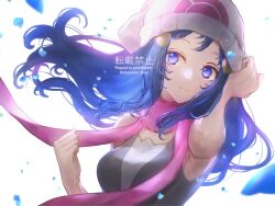 Rule 34 | 1girl, beanie, blue eyes, blue hair, breasts, closed mouth, commentary request, creatures (company), dawn (pokemon), falling petals, floating hair, floating scarf, game freak, hand up, harumori kou, hat, highres, long hair, medium breasts, nintendo, petals, pink scarf, pokemon, pokemon bdsp, scarf, shirt, sleeveless, sleeveless shirt, smile, solo, twitter username, upper body, watermark, white background, white hat