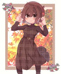 Rule 34 | 1girl, aircraft, alternate costume, autumn leaves, beret, blush, brown dress, brown eyes, brown hair, brown hat, brown pantyhose, brown sweater, dress, hagino chihiro, hair between eyes, hat, hat ornament, highres, hyuuga (kancolle), kantai collection, leaf, long sleeves, one-hour drawing challenge, pantyhose, plaid, plaid dress, short hair, smile, solo, sweater