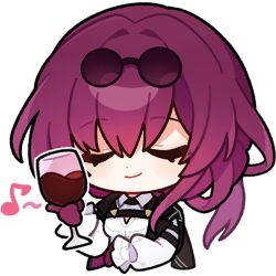 Rule 34 | 1girl, closed eyes, closed mouth, coat, coat on shoulders, commentary, cup, drinking glass, english commentary, eyewear on head, holding, holding cup, honkai: star rail, honkai (series), kafka (honkai: star rail), long sleeves, musical note, official art, purple hair, round eyewear, smile, solo, transparent background, white sleeves, wine glass