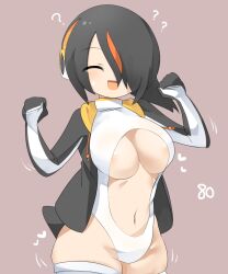 Rule 34 | 1girl, :d, ?, areola slip, bird tail, black hair, blush, brown background, closed eyes, clothing cutout, commentary request, cowboy shot, emperor penguin (kemono friends), hair between eyes, hair over one eye, headphones, highres, kemono friends, lets0020, long bangs, multicolored hair, navel, navel cutout, numbered, one-piece swimsuit, open mouth, orange hair, short hair, simple background, smile, solo, streaked hair, swimsuit, tail, thighhighs, underboob cutout, white one-piece swimsuit, white thighhighs