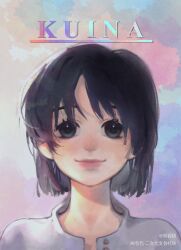 Rule 34 | 1girl, artist name, black eyes, black hair, character name, chinese text, closed mouth, hair over one eye, highres, kuina, looking at viewer, one piece, portrait, shirt, short hair, smile, solo, white shirt, yu yan yan