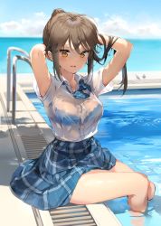 Rule 34 | 1girl, anmi, armpit peek, arms behind head, arms up, bare arms, blue bra, blue sky, blurry, bow, bowtie, bra, bra visible through clothes, brown eyes, brown hair, buttons, collared shirt, day, depth of field, dress shirt, highres, horizon, long hair, looking at viewer, mole, mole under mouth, ocean, original, outdoors, parted lips, ponytail, pool, school uniform, see-through, shirt, shirt tucked in, short sleeves, sidelocks, sitting, sky, smile, solo, thighs, underwear, water, white shirt