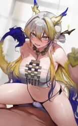 Rule 34 | 1boy, 1girl, absurdres, arknights, blonde hair, blue hair, blush, breasts, bulge, dokuro deluxe, dragon girl, dragon horns, dragon tail, erection, erection under clothes, gradient background, grey eyes, grey hair, grinding, highres, horns, jewelry, large breasts, long hair, multicolored hair, necklace, open mouth, panties, pointy ears, red eyes, shirt, shu (arknights), side-tie panties, tail, underwear