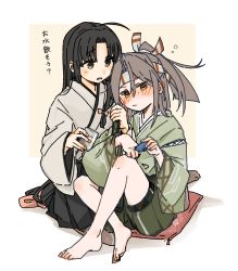 Rule 34 | 2girls, barefoot, black hair, black hakama, blush, bow, brown eyes, closed mouth, cup, cushion, drunk, green hakama, green kimono, hachimaki, hair between eyes, hair bow, hakama, hakama shorts, headband, highres, hinata hibari, holding, holding cup, japanese clothes, kantai collection, kimono, long hair, low-tied long hair, multiple girls, parted lips, pink bow, ponytail, shorts, shouhou (kancolle), simple background, sitting, translation request, very long hair, wide sleeves, zuihou (kancolle)