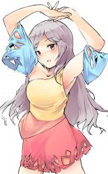 Rule 34 | 1girl, :d, armpits, arms up, blush, breasts, ginnkei, highres, large breasts, long hair, looking at viewer, open mouth, red eyes, sakata nemuno, shirt, simple background, single strap, smile, solo, touhou, white background
