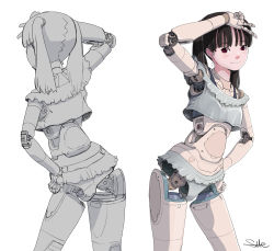 Rule 34 | 1girl, android, black bra, black hair, bra, cropped shirt, frilled panties, frilled shirt, frills, grey panties, grey shirt, hand on own hip, highres, leaning to the side, looking at viewer, multiple views, original, panties, red eyes, shirt, smile, sukabu, twintails, underwear, v