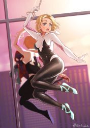 Rule 34 | 1boy, 1girl, animification, artist name, bad id, bad pixiv id, ballet slippers, blonde hair, blue eyes, bodysuit, building, city, covered navel, evening, eyebrow piercing, finalcake, gwen stacy, highres, hood, hood down, hood up, hooded bodysuit, jacket, looking at another, marvel, mask, miles morales, open mouth, piercing, reflection, short hair, silk, smile, spider-gwen, spider-man: into the spider-verse, spider-man (miles morales), spider-man (series), spider-verse, spider web, spider web print, sunlight, sunset, superhero costume, window
