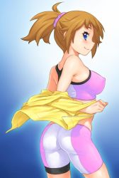 Rule 34 | 10s, 1girl, ass, bare shoulders, bike shorts, blue eyes, blush, breasts, brown hair, covered erect nipples, cowboy shot, female focus, from behind, from side, gundam, gundam build fighters, gundam build fighters try, hood, hoodie, hoshino fumina, jpeg artifacts, kazuma muramasa, looking at viewer, looking back, midriff, sideways glance, smile, solo, sports bra, standing, two-tone sports bra