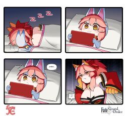 Rule 34 | 2girls, 4koma, :&lt;, :3, animal ear fluff, animal ears, animal hands, bare shoulders, bed, bell, blush, breasts, cat paws, cellphone, cleavage, collar, comic, commentary, cosplay, detached sleeves, english commentary, english text, fang, fate/grand order, fate (series), fou (fate), fou (fate) (cosplay), fox ears, fox girl, gloves, hair ribbon, highres, japanese clothes, jingle bell, keita naruzawa, kimono, large breasts, lying, mini person, minigirl, multiple girls, neck bell, paw gloves, phone, pink hair, ponytail, red kimono, red ribbon, ribbon, sleeping, smartphone, speech bubble, square 4koma, tamamo (fate), tamamo cat (fate), yellow eyes, zzz