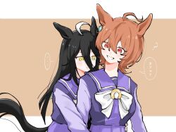 Rule 34 | ..., 2girls, ?, agnes tachyon (umamusume), ahoge, animal ears, black hair, blunt ends, blush, bow, bowtie, brown background, brown hair, commentary request, ear tag, frown, grin, hair between eyes, highres, horse ears, horse girl, horse tail, horseshoe ornament, hug, hug from behind, letter, long hair, long sleeves, looking at another, manhattan cafe (umamusume), multiple girls, ohagi 0909, purple sailor collar, purple shirt, purple skirt, red eyes, sailor collar, school uniform, shirt, simple background, skirt, smile, spoken ellipsis, surprised, tail, tracen school uniform, translated, umamusume, white bow, white bowtie, yellow eyes
