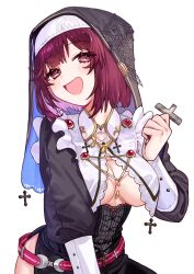 Rule 34 | 1girl, :d, atelier (series), atelier sophie, black dress, blush, catholic, cleavage cutout, clothing cutout, cross, dress, frilled dress, frills, highres, looking at viewer, medium hair, nun, open mouth, red hair, ryuuno6, simple background, smile, solo, sophie neuenmuller