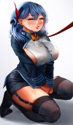 Rule 34 | 1girl, absurdres, ako (blue archive), blue archive, blue hair, breasts, closed eyes, coat, cowbell, cum, cum in mouth, facial, garter straps, highres, kneeling, large breasts, leash, naingnaing, open mouth, saliva, saliva trail, skirt, thighhighs