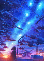 Rule 34 | 1girl, absurdres, bob cut, building, cityscape, cloud, commentary, floating hair, from behind, galaxy, highres, kenzo 093, lamppost, lens flare, long sleeves, motor vehicle, night, original, outdoors, pleated skirt, scenery, semi truck, skirt, sky, solo, sparkle, star (sky), starry sky, sunrise, transmission tower, truck, wide shot