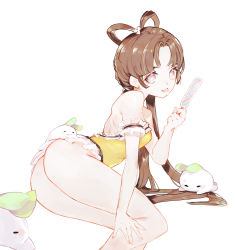 Rule 34 | 1girl, arm strap, ass, breasts, brown eyes, brown hair, food, hair behind ear, highres, holding, indie virtual youtuber, long hair, lying, on side, one-piece swimsuit, parted bangs, popsicle, small breasts, softmode, solo, swimsuit, tongue, tongue out, virtual youtuber, white background, xiaociiao (vtuber), yellow one-piece swimsuit