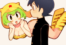 Rule 34 | 1boy, 1girl, batrobin k, black hair, blush, breasts, character request, cleavage, collarbone, cosplay, fang, green hair, hinata fuyuki, kemono friends, keroro, keroro (kemono friends), keroro gunsou, large breasts, looking at viewer, lum, lum (cosplay), open mouth, personification, simple background, smile, urusei yatsura, white background