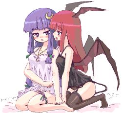 Rule 34 | 2girls, bare legs, barefoot, bat wings, bed, between breasts, black legwear, blue eyes, blush, blush stickers, breast press, breasts, brown legwear, camisole, crescent, crescent hair ornament, demon tail, demon wings, embodiment of scarlet devil, eye contact, female focus, from behind, full body, garter belt, hair ornament, head wings, holding hands, homura subaru, jewelry, kneeling, koakuma, bridal garter, legband, lingerie, long hair, looking at another, looking back, multiple girls, naughty face, necklace, no headwear, no headwear, oekaki, open mouth, patchouli knowledge, purple eyes, purple hair, red hair, seiza, shy, sitting, small breasts, smile, tail, thighhighs, touhou, underwear, wings, yuri